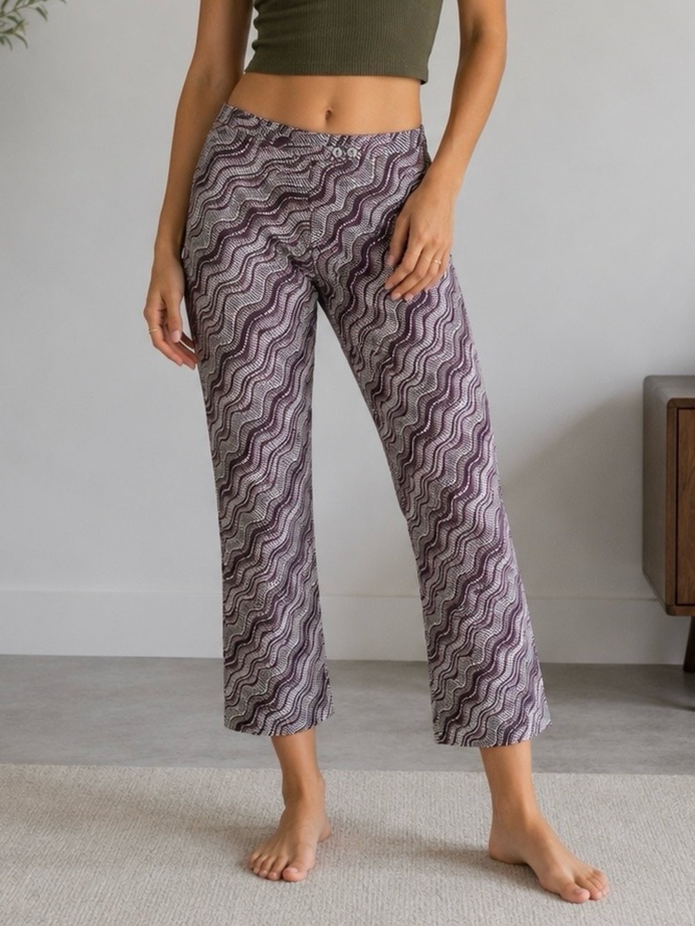 Esprit Purple Pink Green Geometric Print Ankle Crop Wide Leg Pants Size S